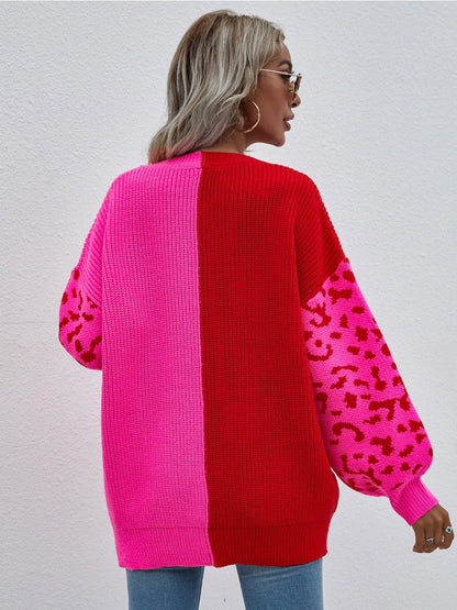 | Color-block Lantern Sleeve Sweater - Fuchisa Leopard