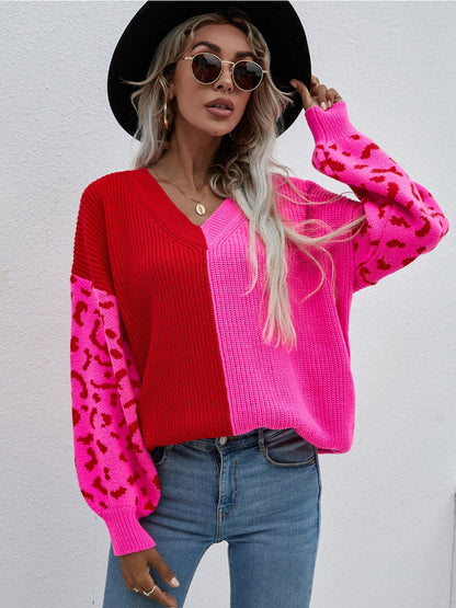 | Color-block Lantern Sleeve Sweater - Fuchisa Leopard
