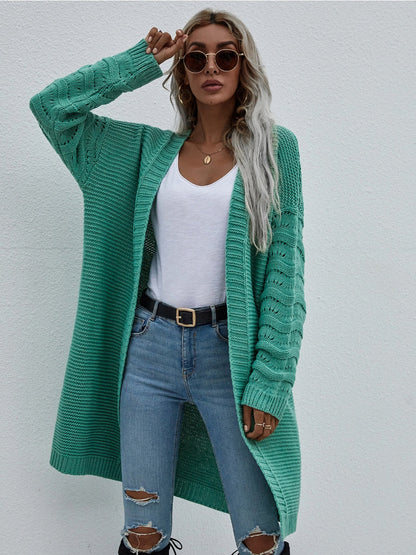 | Braid Open Knit Long Cardigan - Green