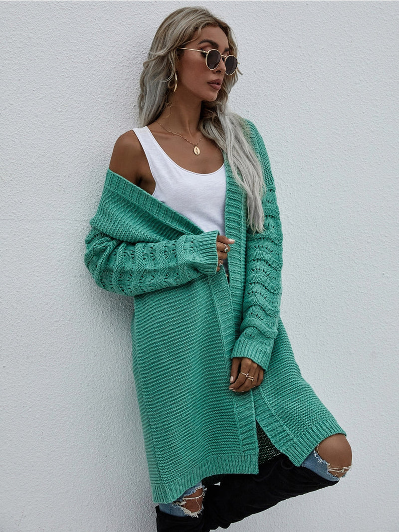 | Braid Open Knit Long Cardigan - Green