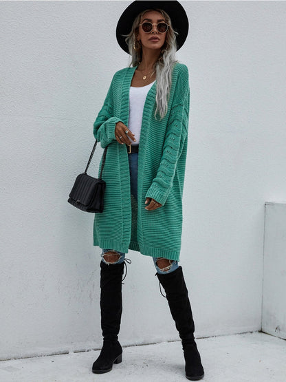 | Braid Open Knit Long Cardigan - Green