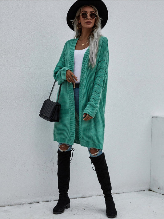 | Braid Open Knit Long Cardigan - Green
