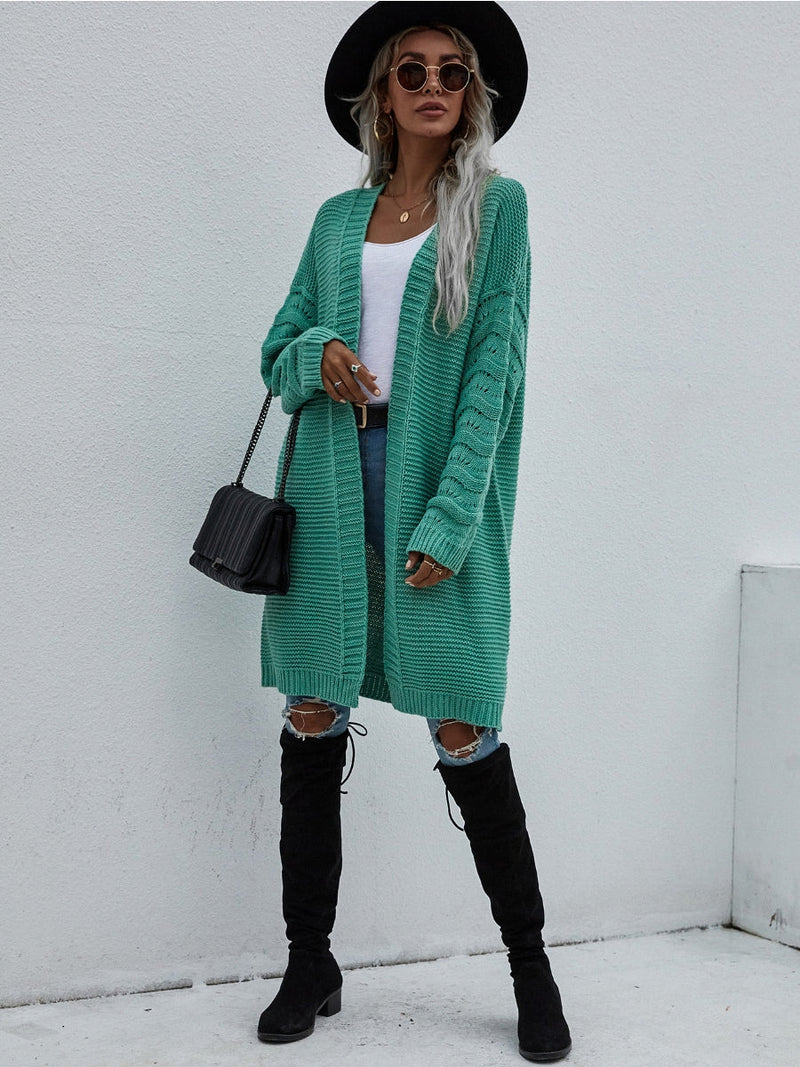 | Braid Open Knit Long Cardigan - Green