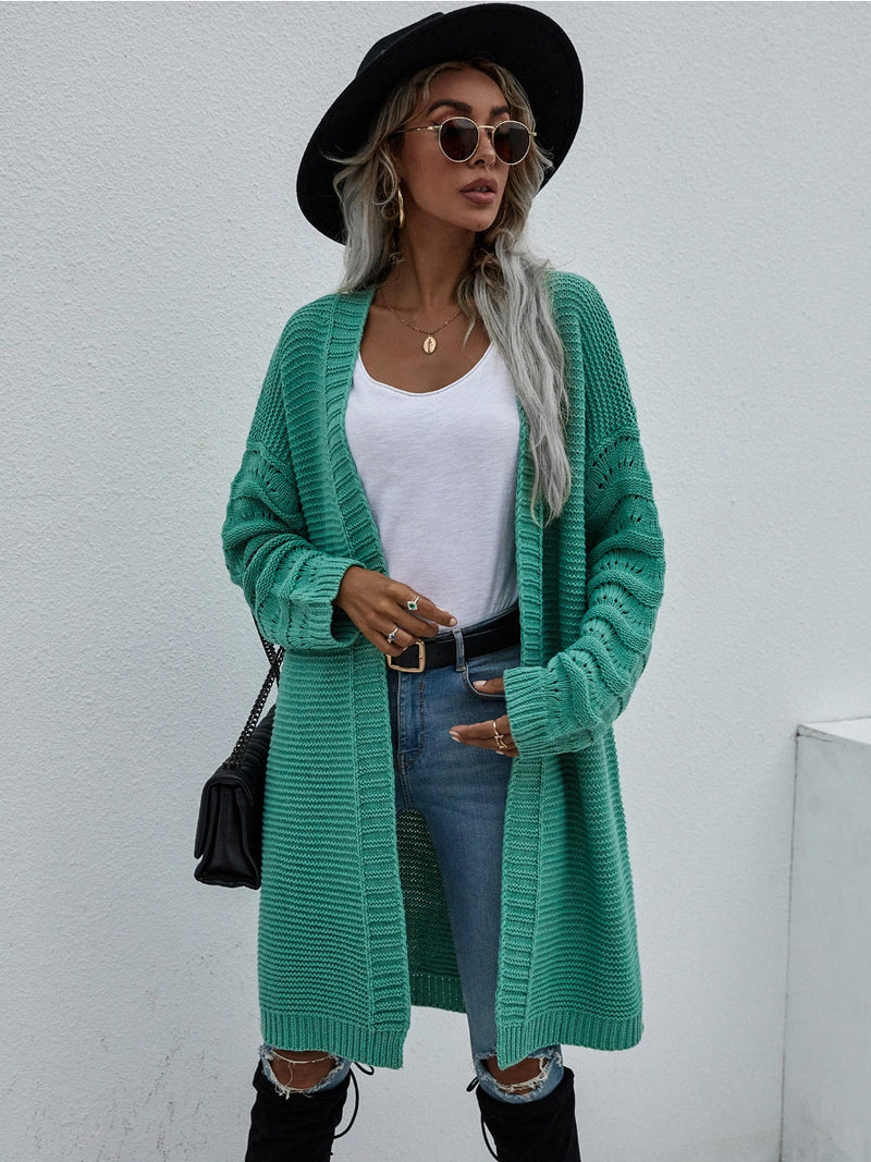| Braid Open Knit Long Cardigan - Green