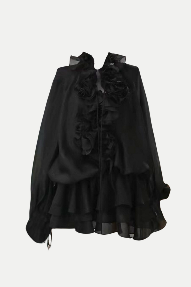 Jaketta Flower Ruffle Mini Dress - Black