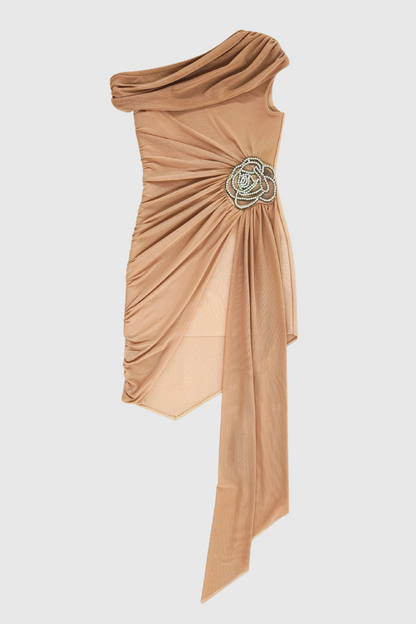 Janett One Shoulder Embellished Mini Dress - Khaki
