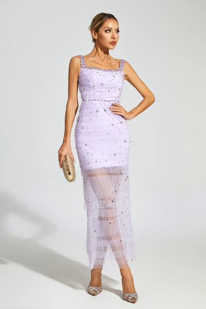 Jennings Purple Diamond Mesh Midi Dress