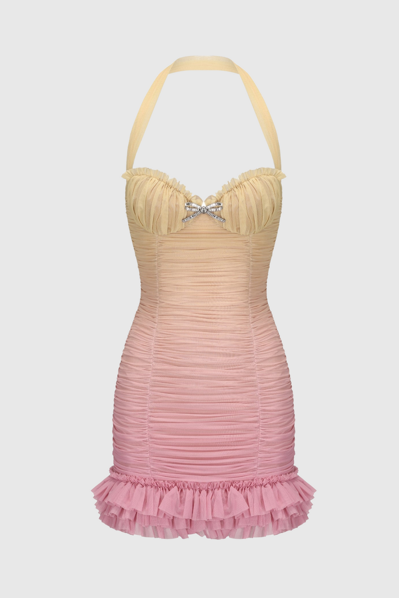 Jodelle Halter Mesh Gradient Rushed Mini Dress - Yellow