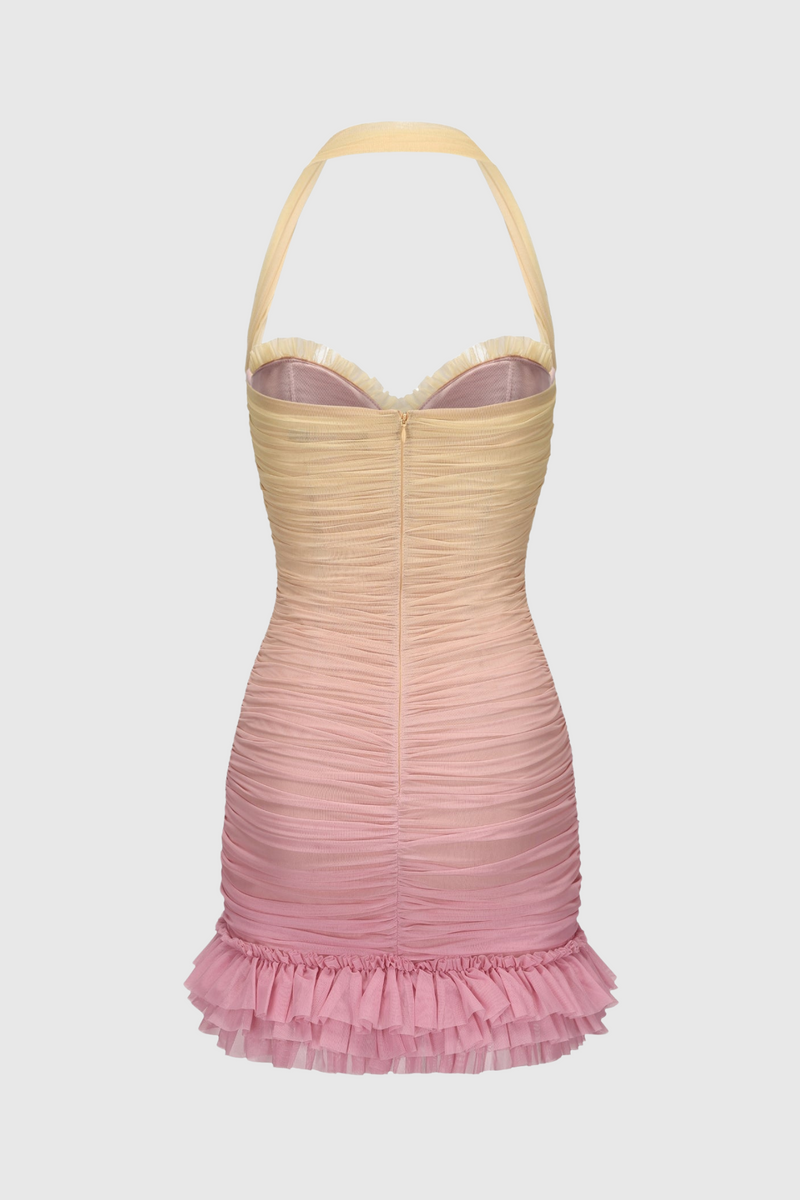 Jodelle Halter Mesh Gradient Rushed Mini Dress - Yellow
