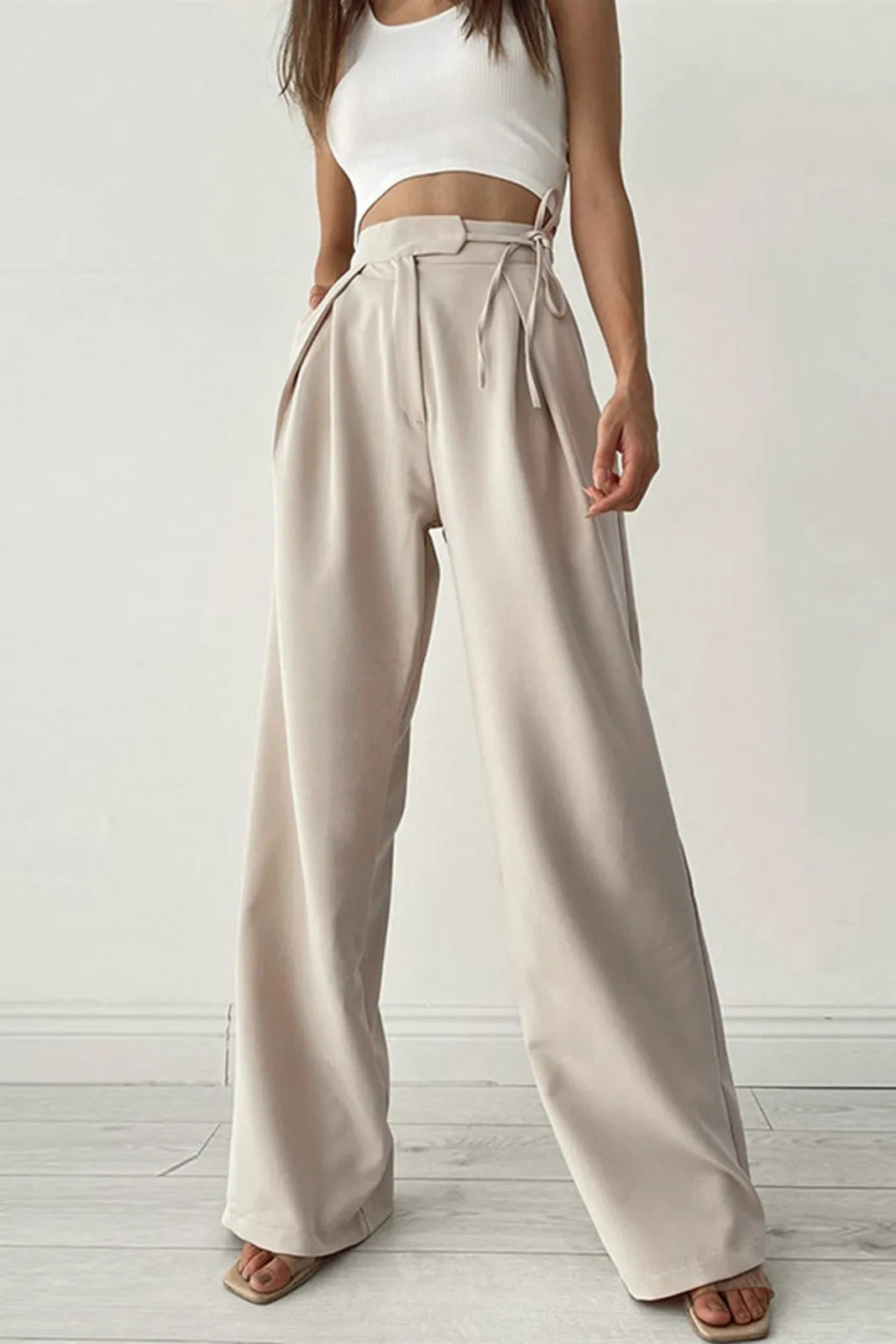 Juno Beige Palazzo Tied Wide Leg Pants