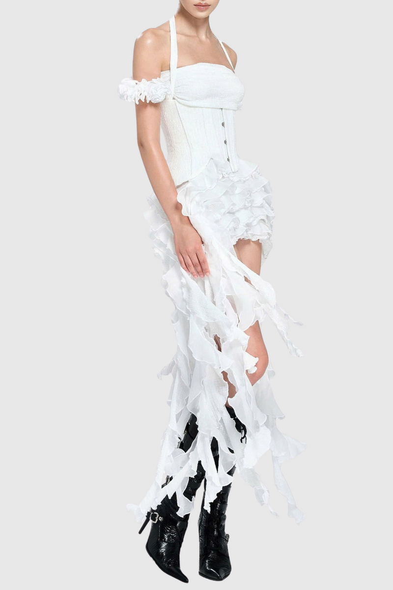 Juricn Halter Corset Ruffle Fringe Mini Dress - White