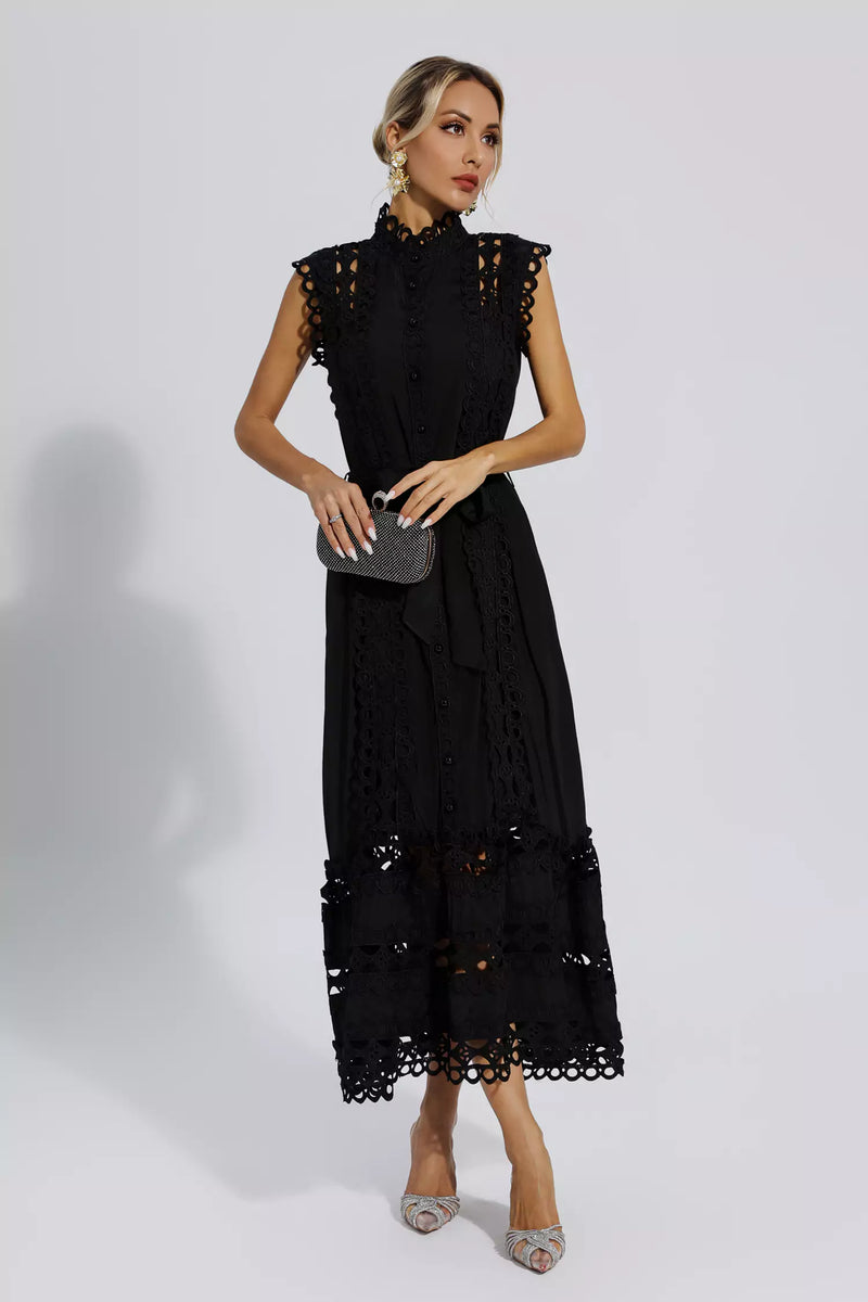 Kennedi Sleeveless Hollow Maxi Dress-black