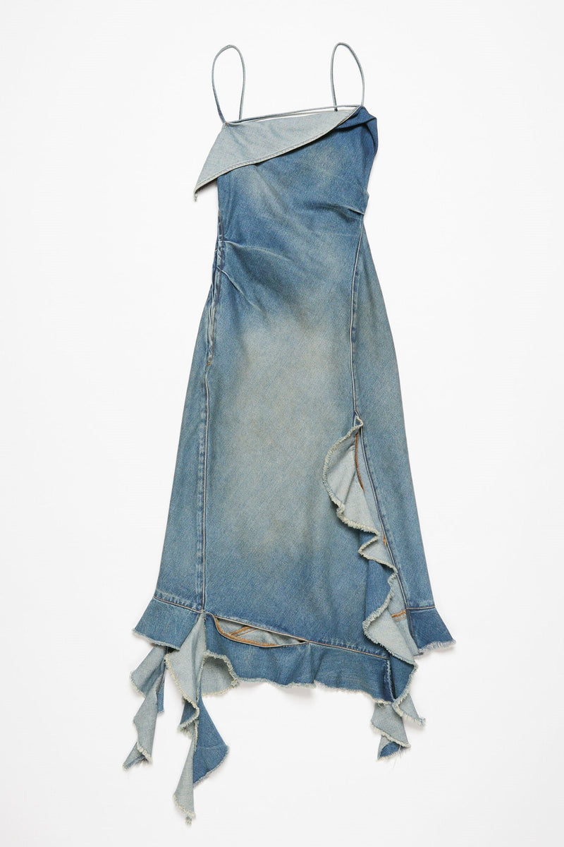 Kenzia Asymmetric Denim Ruffle Midi Dress