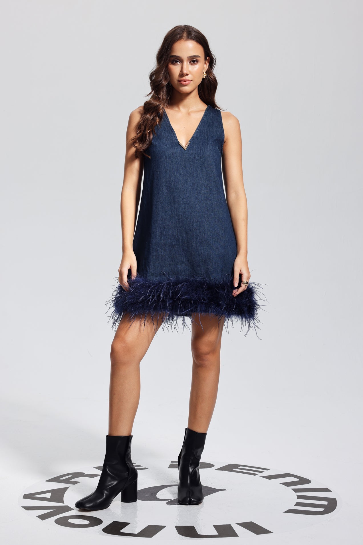 Kerrie Feather Sleeveless Denim Mini Dress