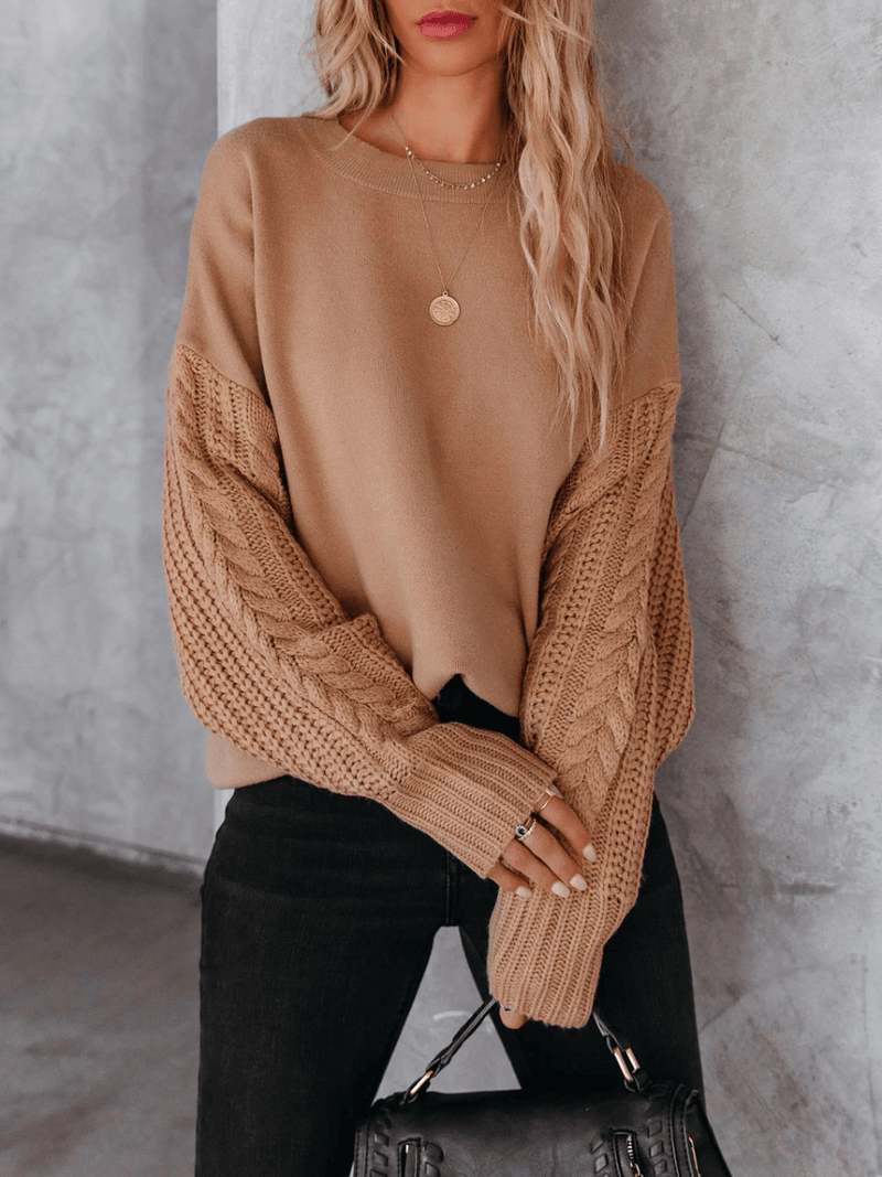 Braided Sleeve Knit Sweater - Khaki
