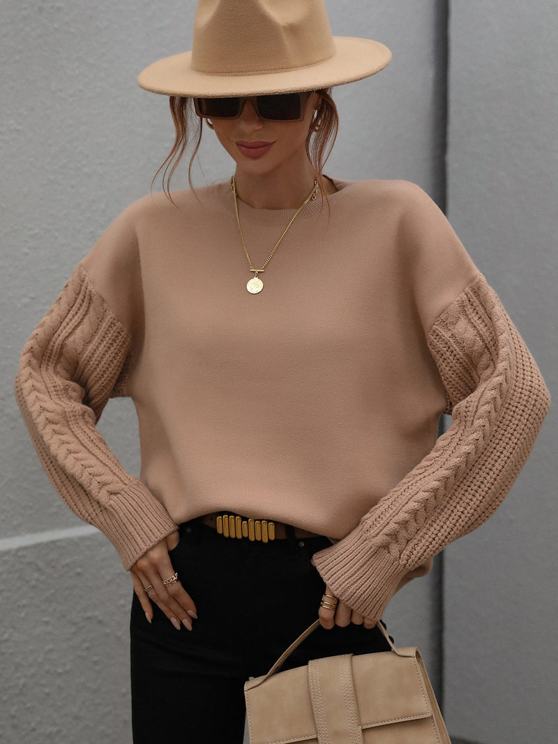 Braided Sleeve Knit Sweater - Khaki