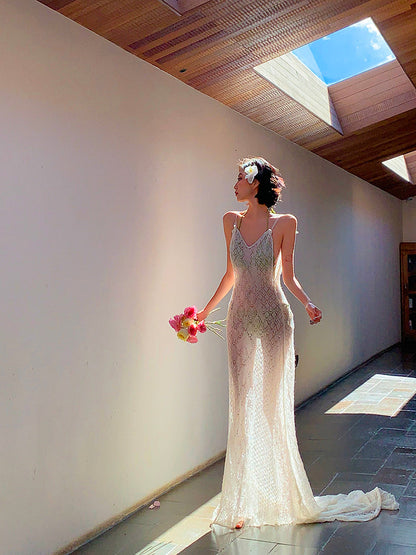 Knitted Lace Slim-fit Floor-length Vacation Maxi Dress