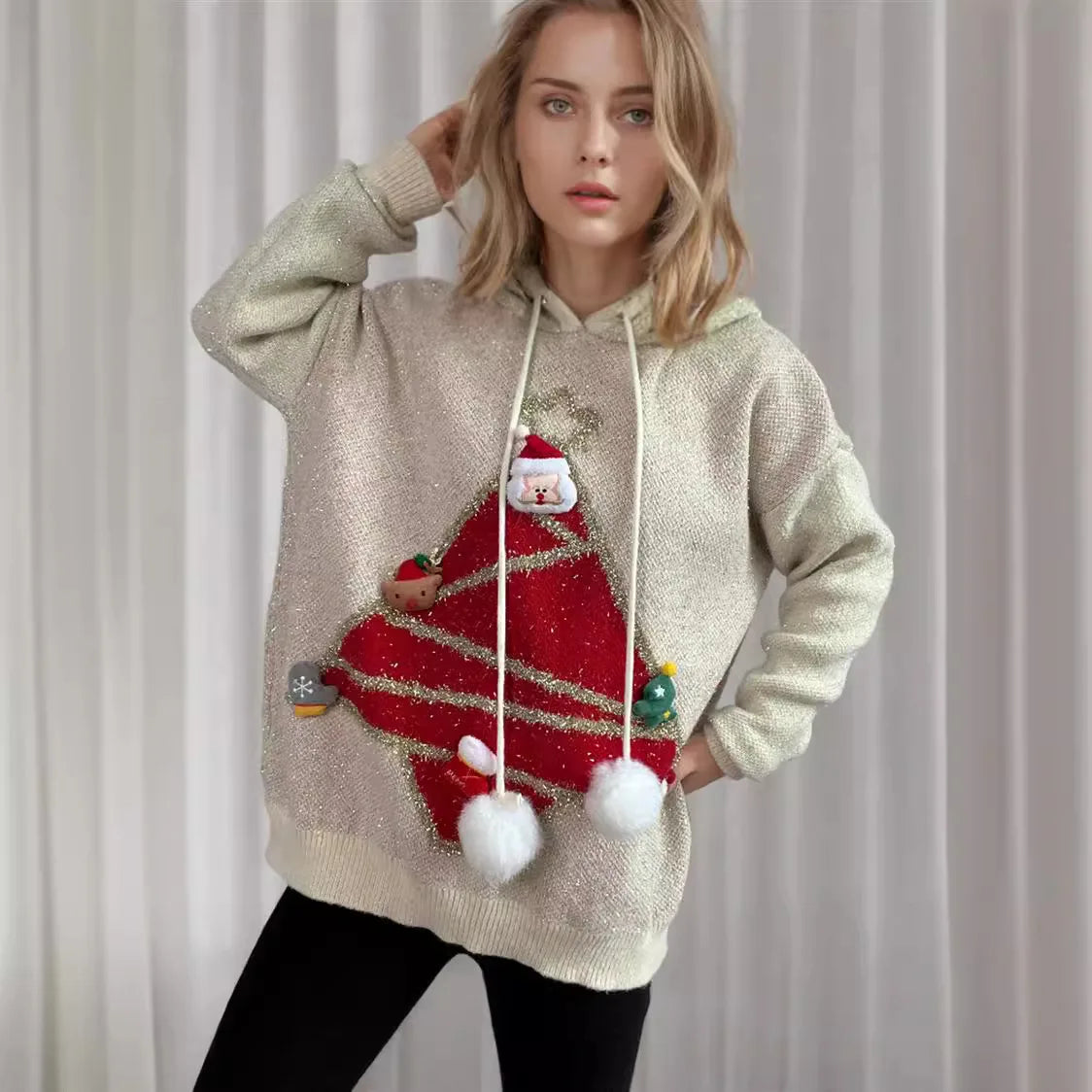 Korean Style Christmas Tree Hooded Loose Ugly Knitwear Sweater