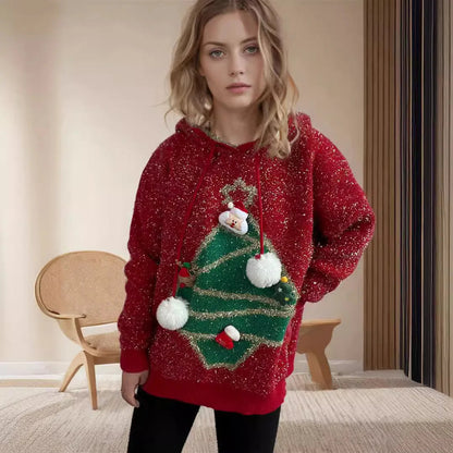 Korean Style Christmas Tree Hooded Loose Ugly Knitwear Sweater