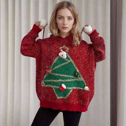Korean Style Christmas Tree Hooded Loose Ugly Knitwear Sweater