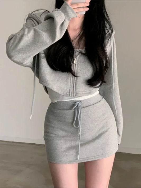 Korean 2 Piece Set Hooded Zip-up Long Sleeve Cropped Coat + Drawstring Mini Skirt Autumn Spring Outfits