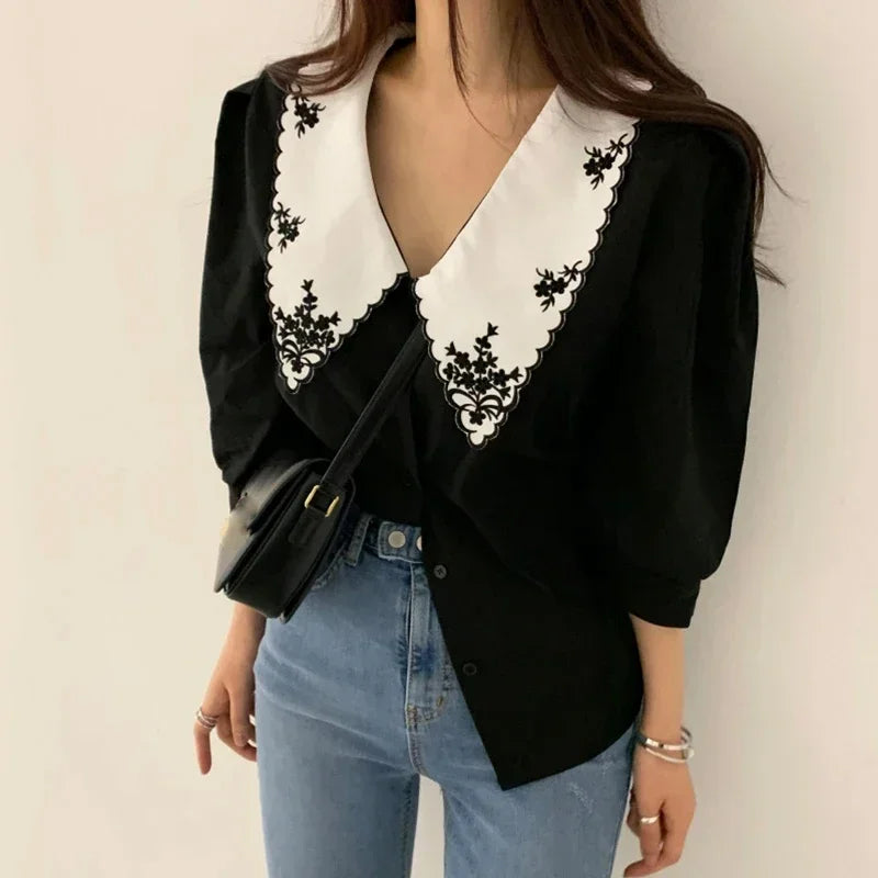 Puff Long Sleeve Embroidery Blouse