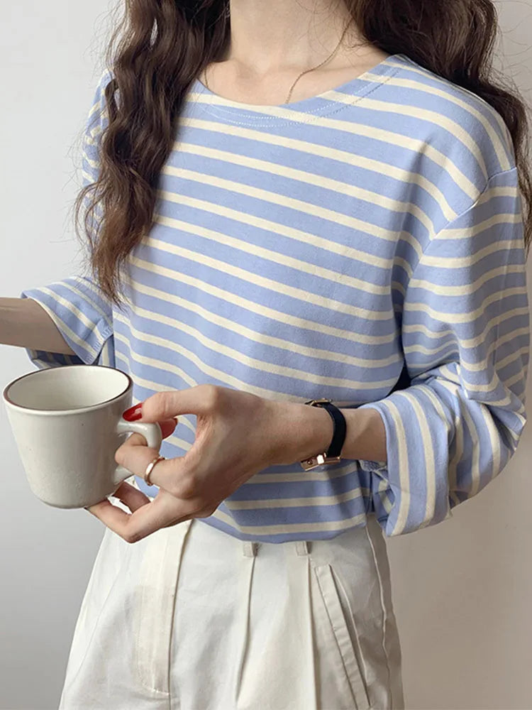 Korean Striped T-shirt Autumn Long Sleeve ’s Top Loose Cotton T-shirt Female Blue Orange S-xl
