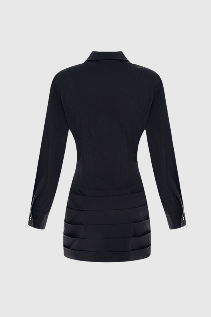 Kretska Cinched-waist Pleated Mini Shirt Dress -black