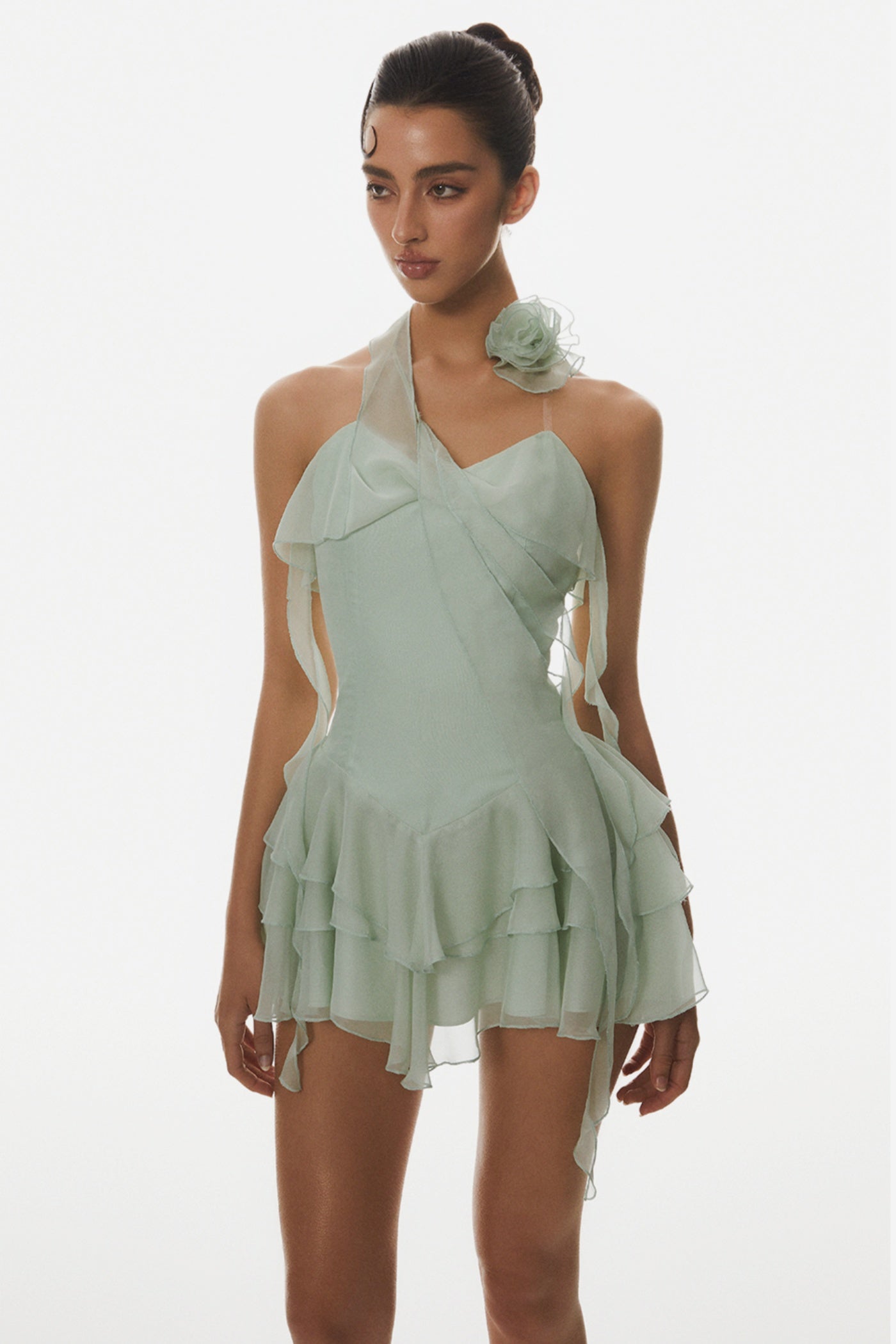 Kyrie Halter Ruffle Mini Dress - Green