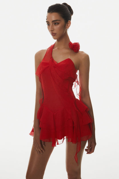Kyrie Halter Ruffle Mini Dress - Red