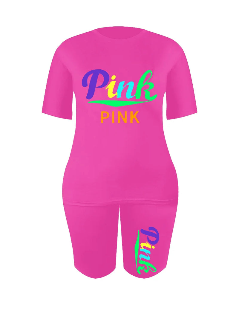 Pink Letter Print Shorts Set Summer Round Neck Skinny 2pcs Two Pieces Shorts Set Daily Outfit