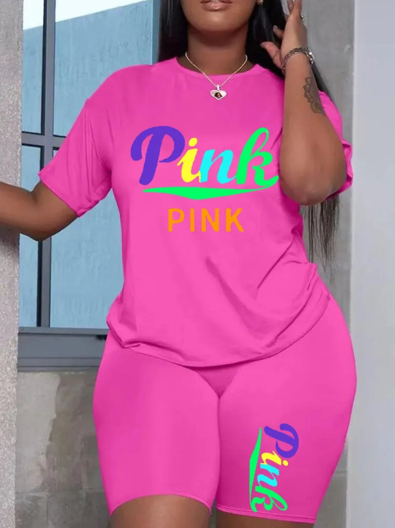 Pink Letter Print Shorts Set Summer Round Neck Skinny 2pcs Two Pieces Shorts Set Daily Outfit