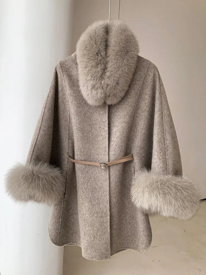 High End Double Sided Cashmere Fox Cloak Shawl Woolen Warm Coat