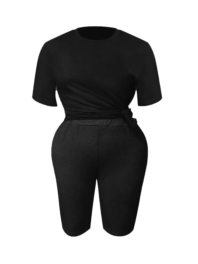 Basic Summer ’s Suit Short Sleeve Top and Pants Color Sportswear Slim Two-piece Outfit