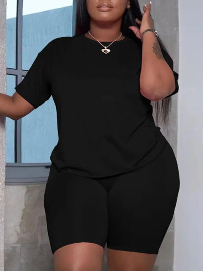 Basic Summer ’s Suit Short Sleeve Top and Pants Color Sportswear Slim Two-piece Outfit