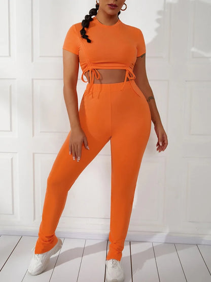 Round Neck Drawstring Two Piece Pants Set Autumn Sport Yoga Suit Female Pants 2 Piece Set