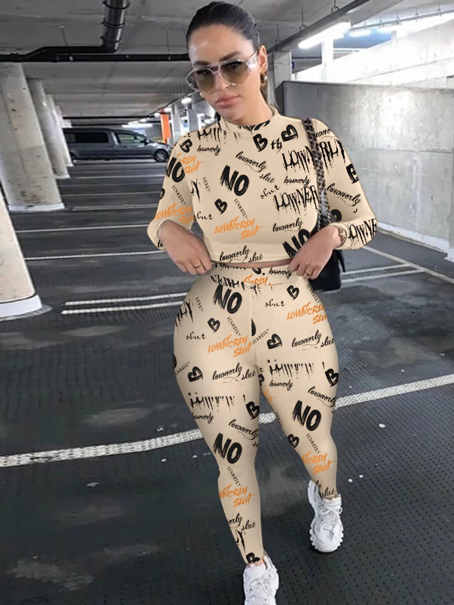 Crop Top Letter Print Skinny Pants Set High Elasticity Round Neck Autumn Winter Two Pieces Matching Suits Outfit