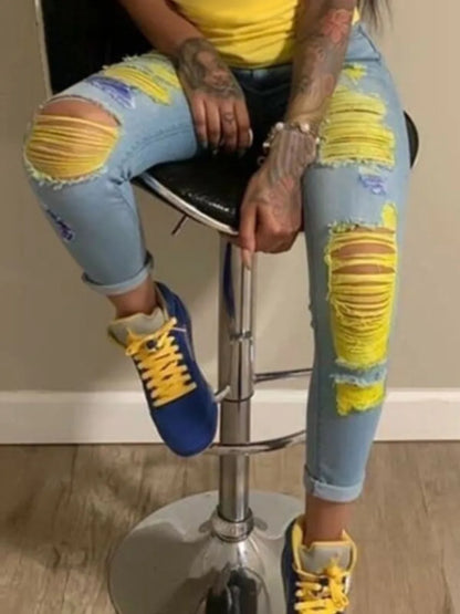 Raw Edge Ripped Jeans Distressed Skinny Waist Denim Pants Shredded Trousers Slim Jeans
