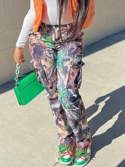 Mid-waist Side Pocket Camo Print Cargo Pants Street Y2k Trousers Print Design Jeans
