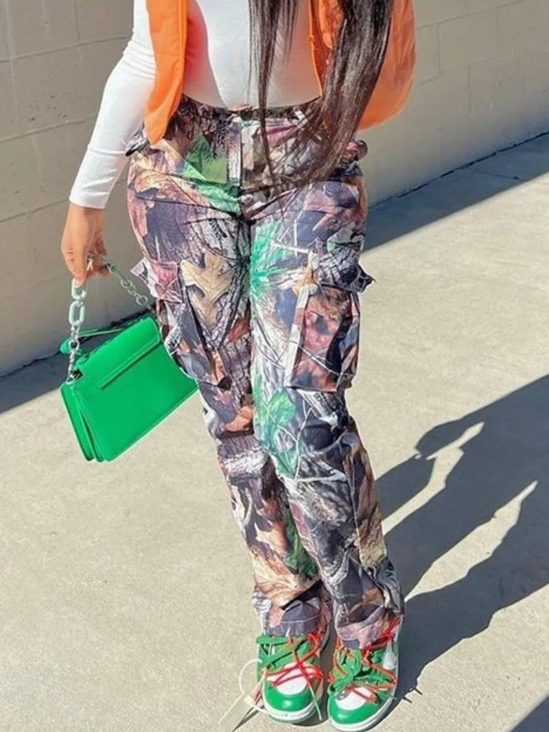Mid-waist Side Pocket Camo Print Cargo Pants Street Y2k Trousers Print Design Jeans
