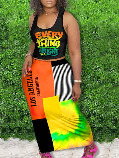 Outfits Two Piece Set ’s Letter Print Round Neck Crop Tank Top –
