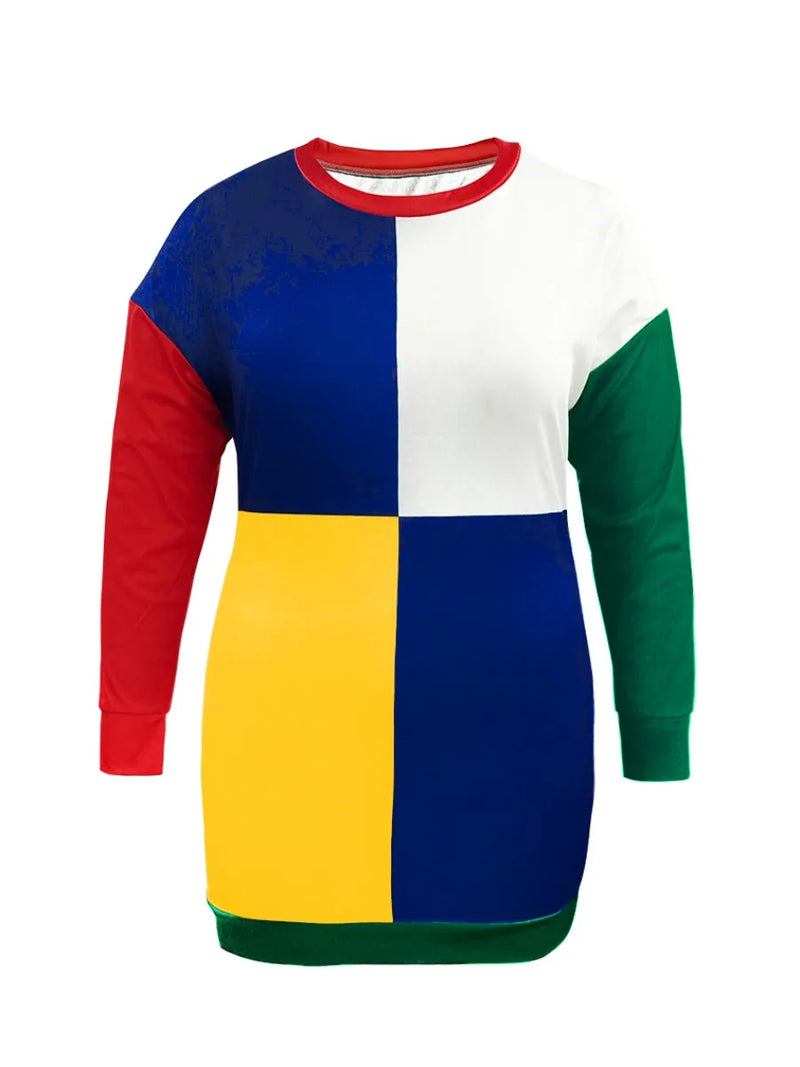Color Lump Patchwork Dress Long Sleeve Round Neck Drop Shoulder Autumn Winter Straight Mini Dresses