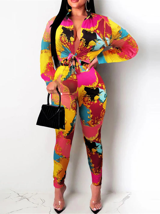 Mixed Print Regular Fit Pants Set New Long Sleeve Shirt Causal Loose Slim Long Trouser Two Pieces