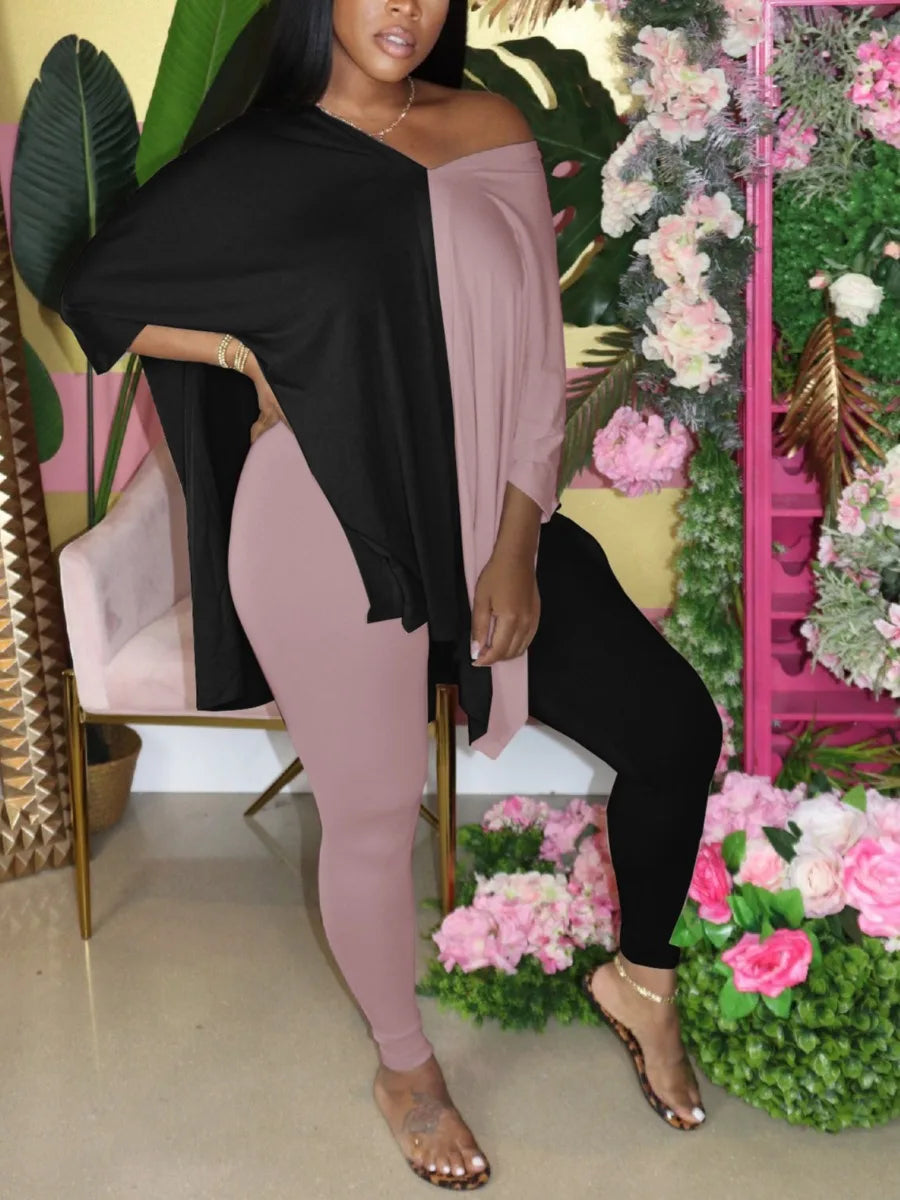 V Neck Side Split Patchwork Pants Set Autumn ’s Short Sleeve Oversized Two Pieces Outfit