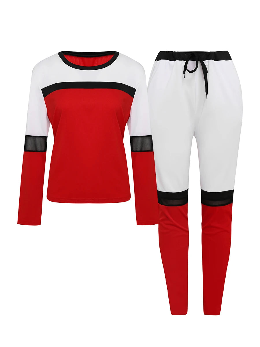 Two Piece Color-lump Tracksuit Pants Set Patchwork Sporty Long Sleeve Conventional Collar Autumn Outfits