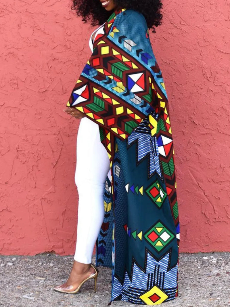 ’s Geometric Afro Print Loose Trench Coat With Conventional Collar