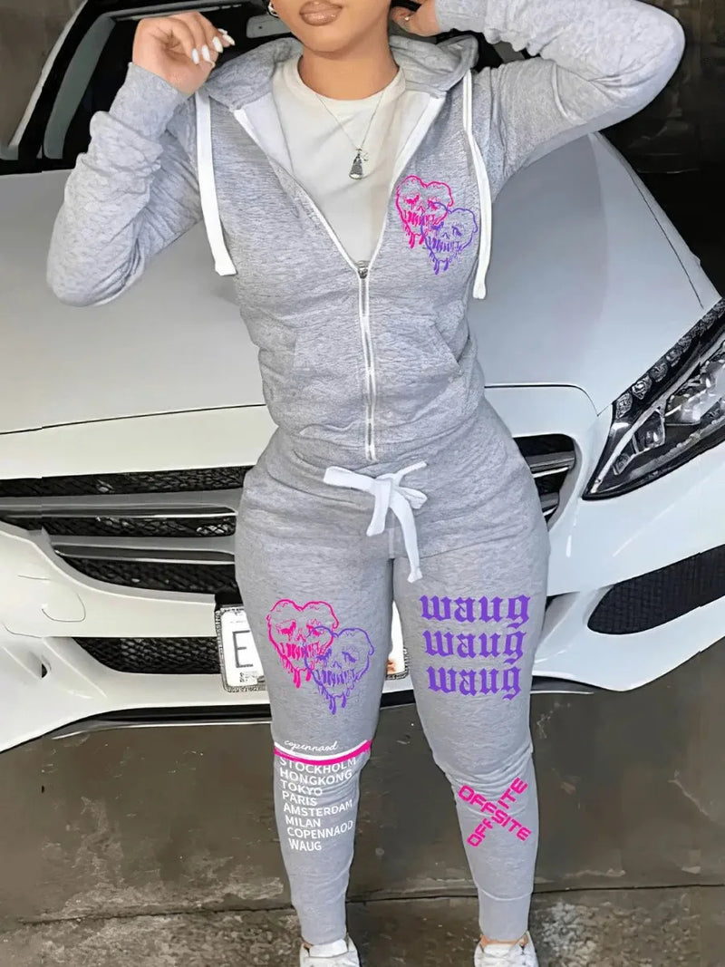 Simple Two Piece Set Sporty Long Sleeve Zipper Design Top Hooded Collar Broken Heart Print Female Tracksuit Set