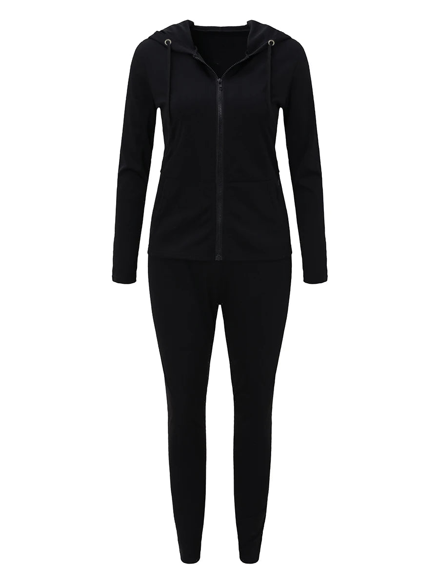 Spring Two Piece Sets Outfits Hooded Collar Zipper Design Long Sleeve Tracksuit With Kangaroo Pocket