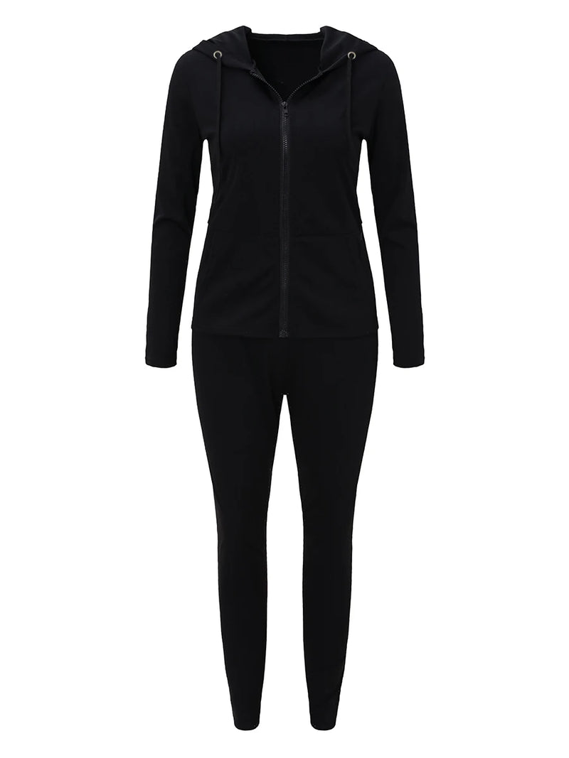 Spring Two Piece Sets Outfits Hooded Collar Zipper Design Long Sleeve Tracksuit With Kangaroo Pocket