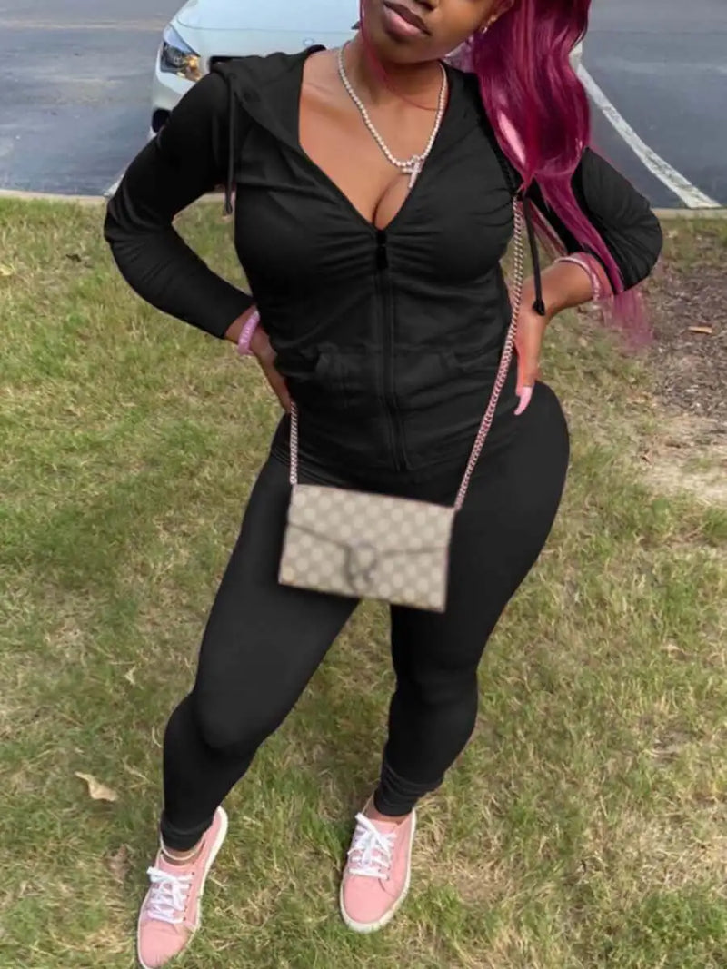 Spring Two Piece Sets Outfits Hooded Collar Zipper Design Long Sleeve Tracksuit With Kangaroo Pocket